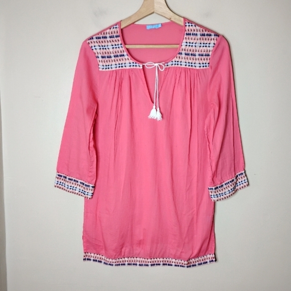 J. McLaughlin Embroidered Tassel Tunic Top XS Coral Pink Beachy Casual - Picture 3 of 10